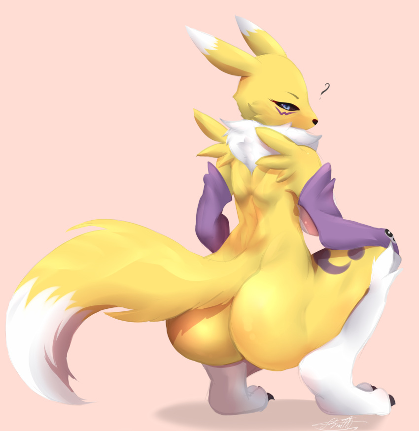 absurd_res anthro arms_bent ass bandai_namco bent_legs big_butt black_sclera blue_eyes blush bottomless breasts canid claws clothed clothing crouching digimon digimon_(species) dipstick_ears dipstick_tail ear_markings female fur hands_on_knees hands_on_legs hands_on_own_knees hands_on_own_legs head_turned hi_res holding_both_knees holding_both_legs leg_markings looking_at_viewer looking_back looking_back_at_viewer mammal markings mostly_nude multicolored_ears multicolored_tail neck_tuft pink_background question_mark ranadi rear_view renamon side_boob simple_background socks_(marking) solo tail tail_markings tuft white_body white_fur yellow_body yellow_fur yin_yang