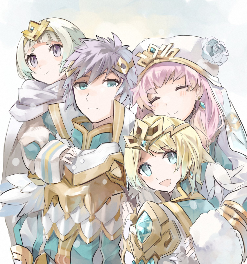 1boy 3girls armor blonde_hair blue_eyes blunt_bangs blush brother_and_sister closed_eyes closed_mouth earrings fire_emblem fire_emblem_heroes fjorm_(fire_emblem) fur_trim group_hug gunnthra_(fire_emblem) hair_ornament highres hrid_(fire_emblem) hug hukashin jewelry multiple_girls open_mouth pink_hair purple_eyes shoulder_armor siblings sisters white_background white_hair ylgr_(fire_emblem)