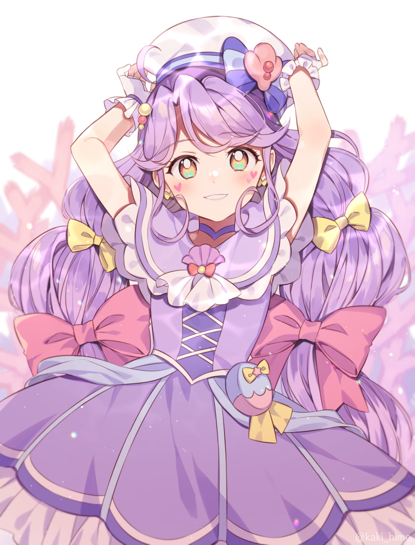 arms_up blue_choker bow brown_eyes choker commentary cure_coral facial_mark female hairbow hat heart heart_facial_mark heart_tattoo highres kaki_s long_hair looking_at_viewer magical_girl precure purple_hair purple_skirt red_bow skirt smile solo suzumura_sango tattoo tropical-rouge!_precure twitter_username very_long_hair white_hat wrist_cuffs yellow_bow yellow_eyes