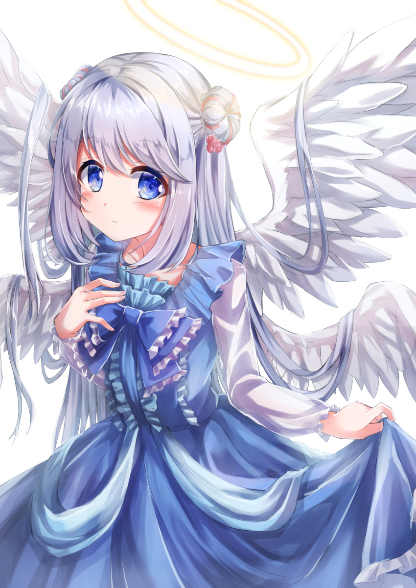 absurdres angel angel_wings blue_bow blue_bowtie blue_dress blue_eyes blush bow bowtie center_frills closed_mouth commentary_request commission cowboy_shot double_bun doughnut_hair_bun dress feathered_wings female frilled_bowtie frilled_dress frilled_sleeves frills grey_hair grimoire_~shiritsu_grimoire_mahou_gakuen~ hair_bun highres kusunoki_arisu light_smile long_hair long_sleeves looking_at_viewer multiple_wings pinafore_dress shirt sidelocks simple_background skeb_commission skirt_hold sleeveless sleeveless_dress solo white_background white_shirt white_wings wings yukikawa_sara