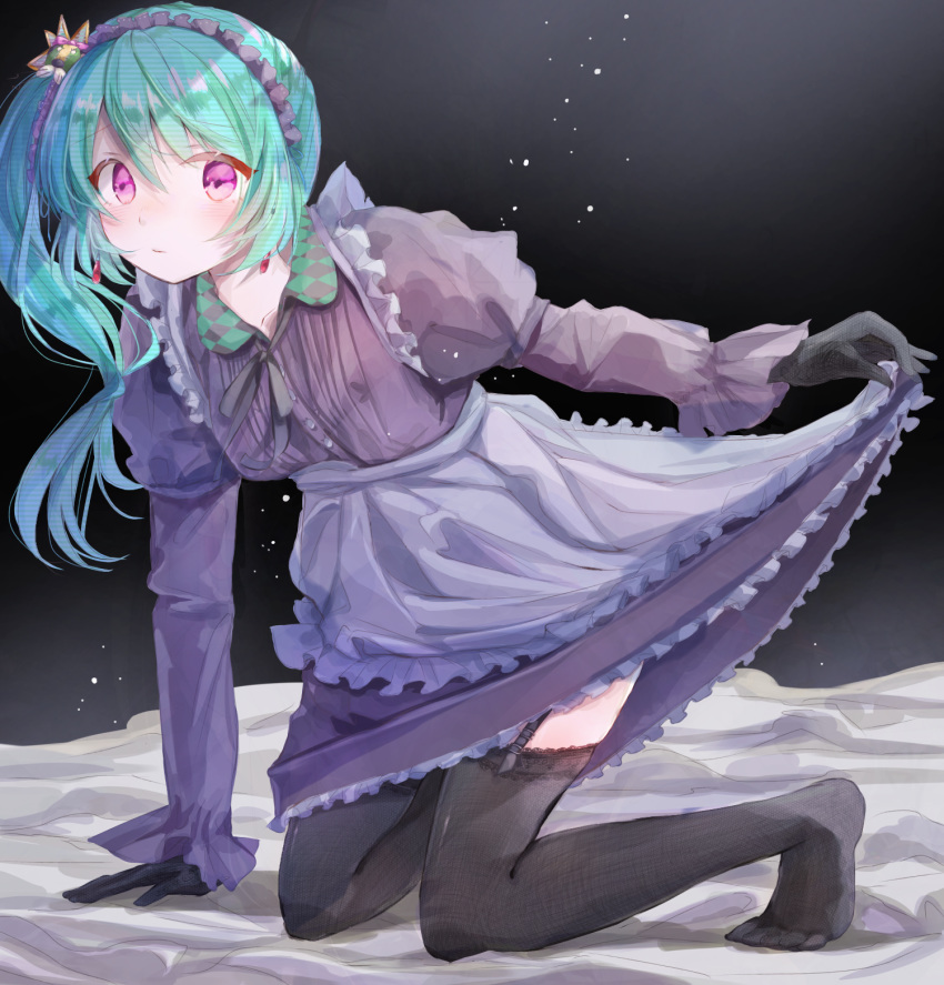 alternate_costume apron black_legwear clothes_lift commentary_request dress dress_lift enmaided female garter_straps gloves green_hair hair_ornament highres long_hair magia_record:_mahou_shoujo_madoka_magica_gaiden mahou_shoujo_madoka_magica maid maid_apron md5_mismatch purple_eyes ramune_(yurikoppe0202) scanline_hair side_ponytail skirt_hold uwasa_no_tsuruno yui_tsuruno