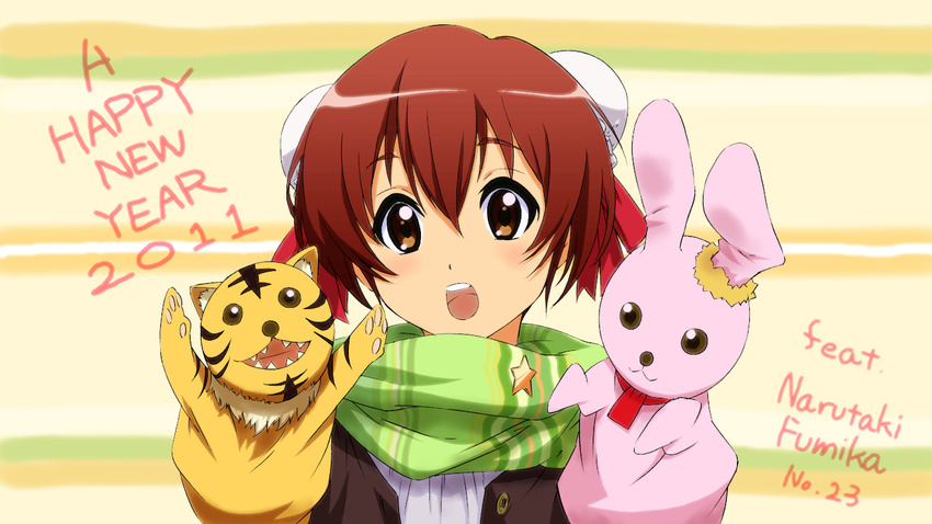 2011 bun_cover double_bun female hair_bun hand_puppet haruka_shiya k-on! mahou_sensei_negima! narutaki_fumika new_year parody puppet rabbit scarf solo style_parody tiger