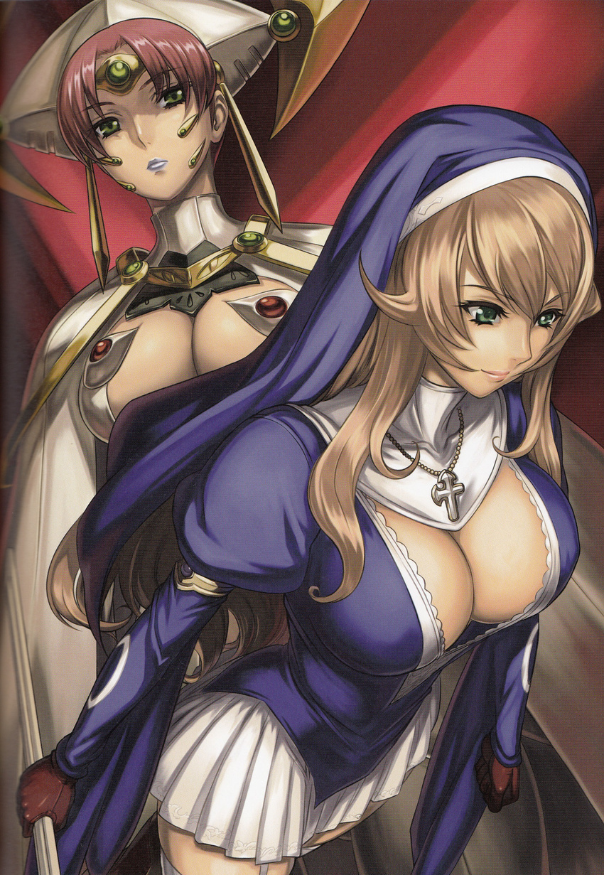 2girls absurdres armlet blue_lips bodysuit breasts brown_hair cape circlet claudette_(queen's_blade) cleavage cleavage_cutout clenched_hand clothing_cutout cross cross_necklace downblouse eiwa expressionless facial_mark garter_straps gem gloves green_eyes habit hair_between_eyes headdress highres holding jewelry lace large_breasts lipstick long_hair long_sleeves looking_at_viewer looking_down makeup miniskirt multiple_girls necklace nun official_art parted_bangs pink_lips pleated_skirt puffy_long_sleeves puffy_sleeves queen's_blade queen's_blade_rebellion red_hair scan scan_artifacts short_hair sidelocks sigui_(queen's_blade) skirt smile staff standing thighhighs thundercloud_queen_claudette turtleneck very_long_hair white_legwear zettai_ryouiki