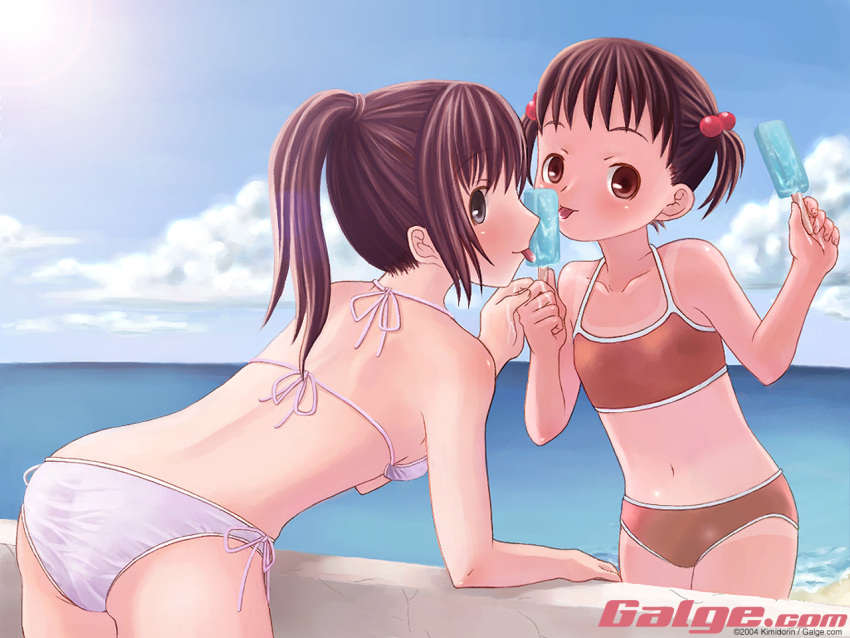 2girls :p beach bikini black_eyes black_hair brown_eyes brown_hair day food galge.com kimidorin long_hair multiple_girls ocean outdoors ponytail popsicle short_hair swimsuit tan tanlines tongue tongue_out twintails water