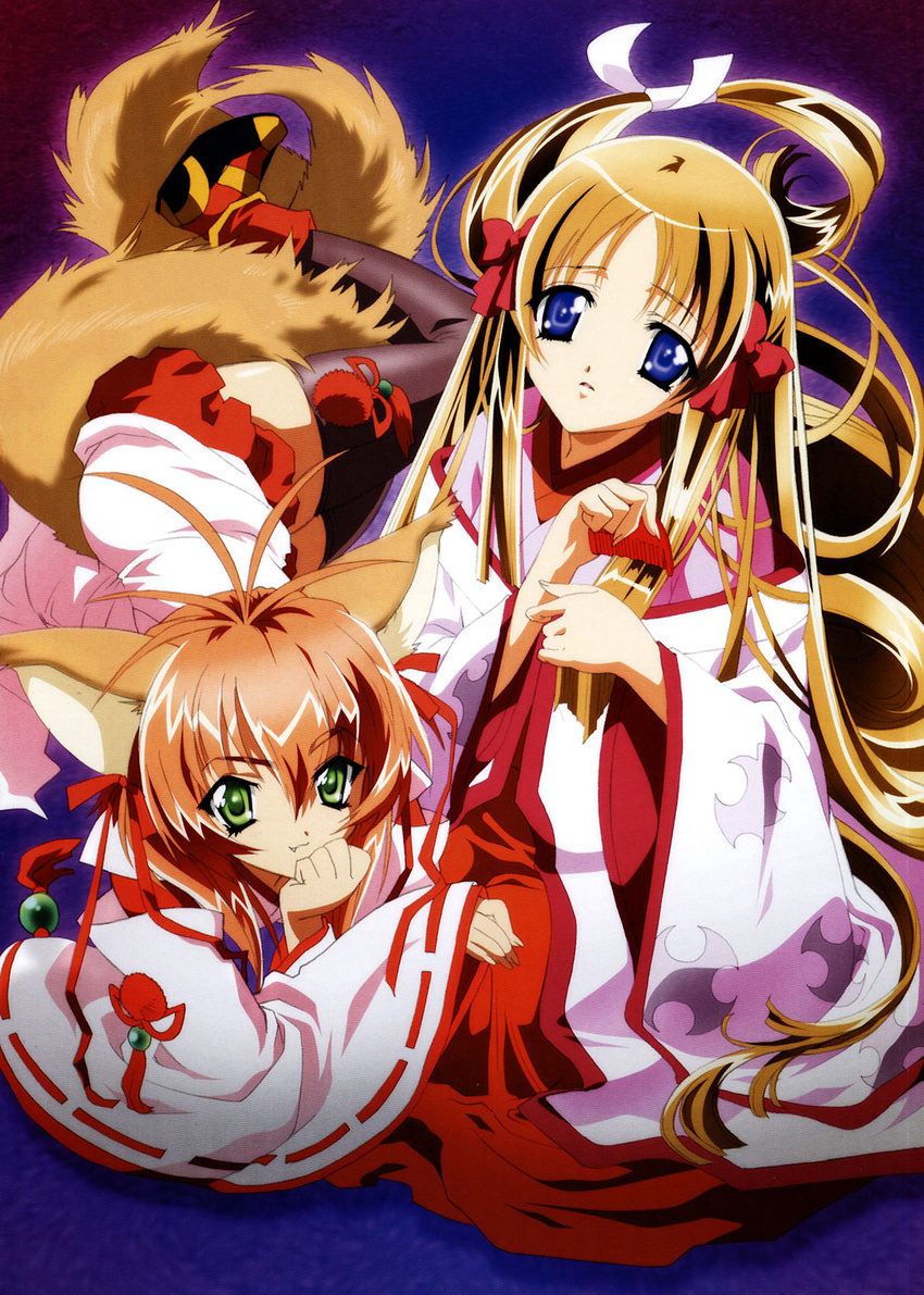 2girls animal_ears artbook azuma_hatsumi blonde_hair blue_eyes brown_hair comb cover duplicate fox_ears fox_tail fujihime green_eyes hair_ribbon hakama hakama_skirt head_rest highres japanese_clothes long_hair lying meirin_(yamibou) miko miniskirt multiple_girls nishida_asako oerba_yun_fang official_art pixel-perfect_duplicate red_hakama ribbon scan scan_artifacts sitting skirt tail thighhighs yami_to_boushi_to_hon_no_tabibito