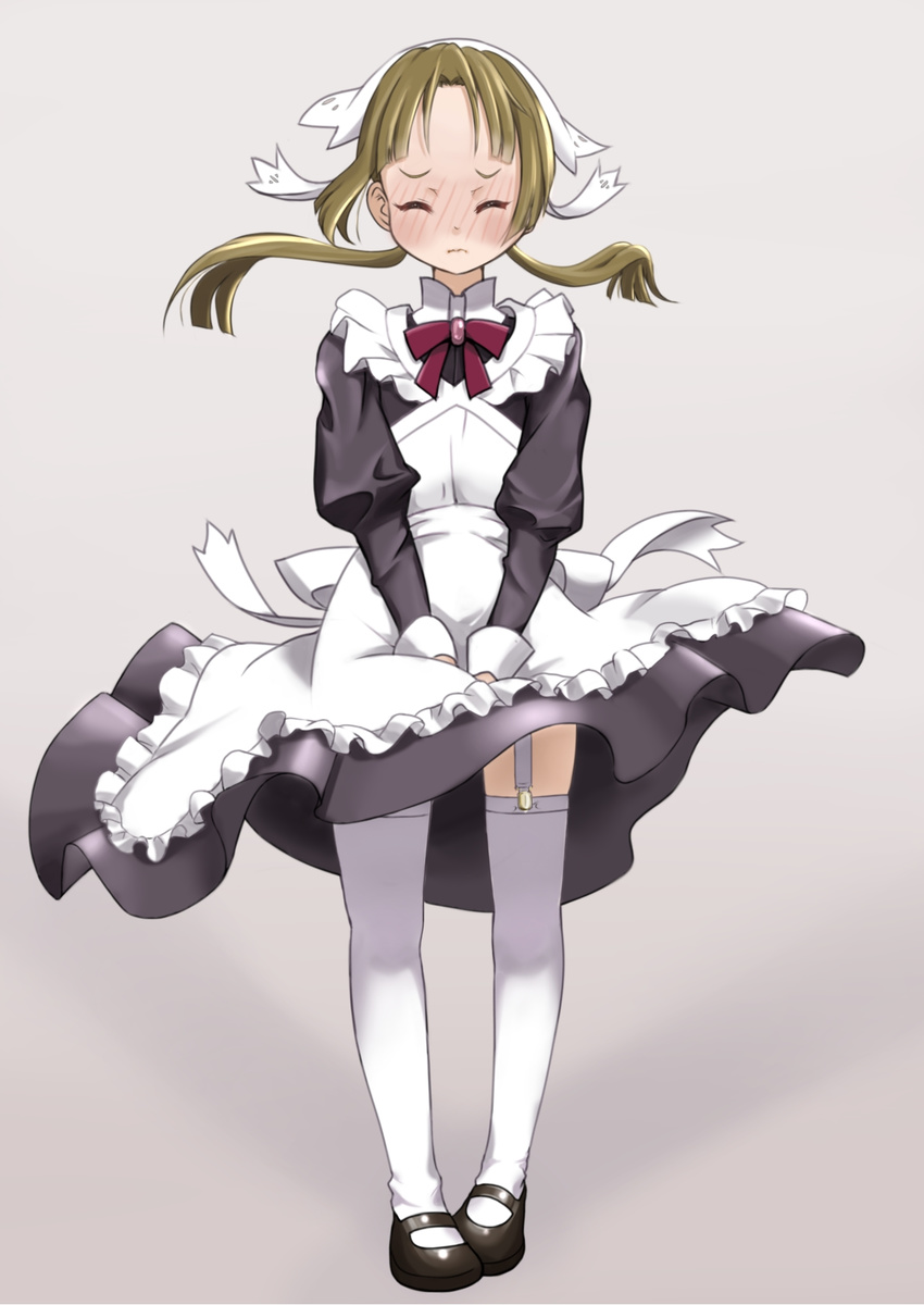 apron blush brooch closed_eyes commentary_request embarrassed female furrowed_brow garter_straps gradient_background green_hair highres jewelry lotte_(shuumatsu_no_izetta) maid maid_apron maid_headdress maisama mary_janes pigeon-toed ribbon shoes shuumatsu_no_izetta solo standing thighhighs twintails wavy_mouth white_thighhighs wind wind_lift