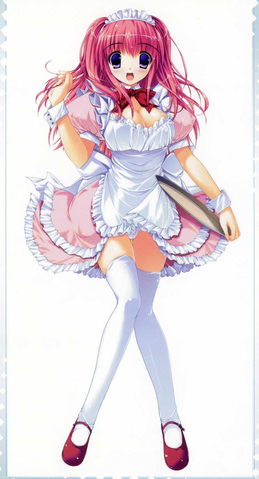 :d absurdres blue_eyes breasts cleavage dreamparty dress female highres himemiya_arisu large_breasts legs long_hair maid_headdress mary_janes open_mouth panties pantyshot pastel_(game) pink_hair red_footwear shoes smile solo thighhighs tray underwear waitress white_panties white_thighhighs wrist_cuffs yukiusagi_(gaballscreen&blaze)