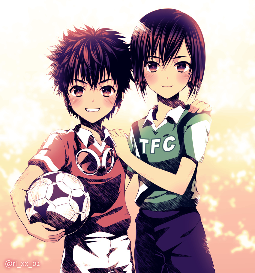 2boys digimon digimon_adventure_02 friends goggles ichijouji_ken motomiya_daisuke multiple_boys ri soccer_ball soccer_uniform