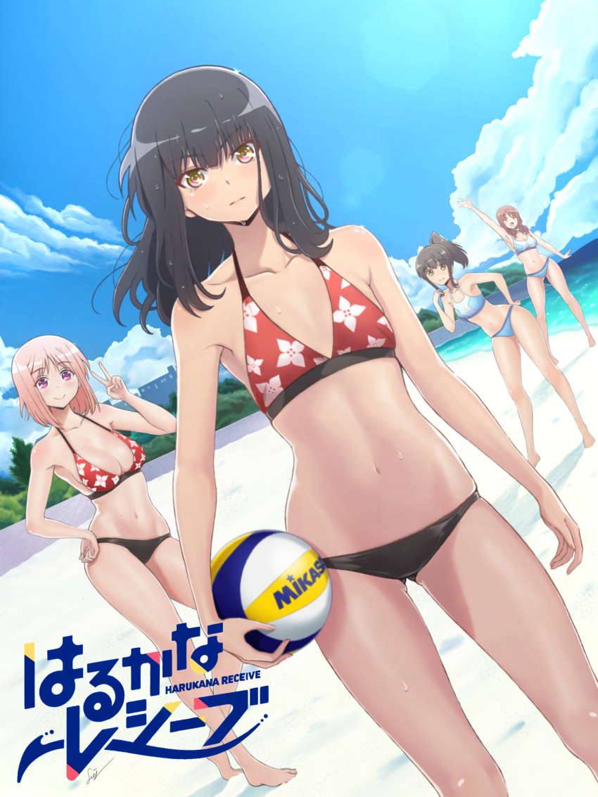 4girls absurdres ai_shou ass_visible_through_thighs ball bikini black_hair blue_sky breasts cloud cloudy_sky commentary_request contrapposto day flat_chest hand_on_own_hip harukana_receive higa_kanata highres holding holding_ball light_brown_hair looking_at_viewer medium_breasts multiple_girls navel oozora_haruka_(harukana_receive) outdoors photoshop_(medium) ponytail sand sky swimsuit tachibana_ayasa tan tooi_narumi v volleyball volleyball_(object)