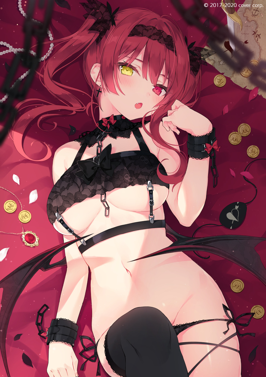 :o absurdres banned_artist bare_shoulders black_bra black_legwear black_panties blurry bra breasts chains cuffs demon_wings depth_of_field detached_collar earrings eyepatch eyepatch_removed female groin hairband handcuffs heterochromia highres hololive houshou_marine jewelry large_breasts lingerie long_hair looking_at_viewer lying navel necklace oerba_yun_fang official_art on_back open_mouth panties red_eyes red_hair rurudo side-tie_panties solo stomach strap string_panties thighhighs twintails underboob underwear underwear_only virtual_youtuber wings yellow_eyes