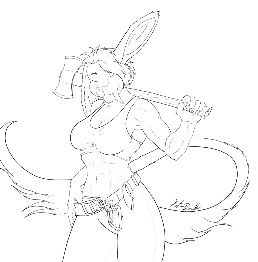 abs anthro belt bra breasts calm clothing deerwalker fangs felid feline female hi_res hybrid lagomorph line_art long_tail lumberjack mammal monochrome muscular muscular_anthro muscular_female sabertooth_(anatomy) serene solo sports_bra tail teeth underwear unzipped unzipped_pants zipper