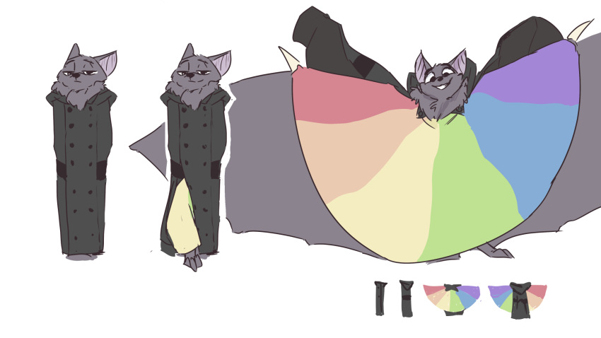 16:9 2019 ambiguous_gender anthro barefoot bat bat_wings biped clothed clothing coat deke_(ittybittykittytittys) feet half-closed_eyes hi_res ittybittykittytittys looking_at_viewer mammal megabat membrane_(anatomy) membranous_wings multicolored_clothing multicolored_topwear narrowed_eyes rainbow_clothing rainbow_topwear simple_background smile solo spread_wings standing topwear trenchcoat white_background widescreen wings