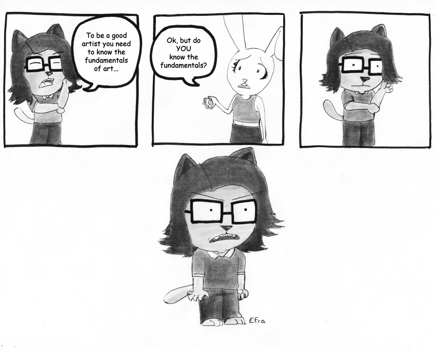 absurd_res angry anthro cat_nose cat_tail dialogue domestic_cat duo efradraws efrasona english_text eyewear felid feline felis female glasses graphite_(artwork) hair hi_res lagomorph leporid long_hair male male/female mammal marker_(artwork) monochrome pen_(artwork) pencil_(artwork) rabbit rabbit_ears signature speech_bubble text traditional_media_(artwork)