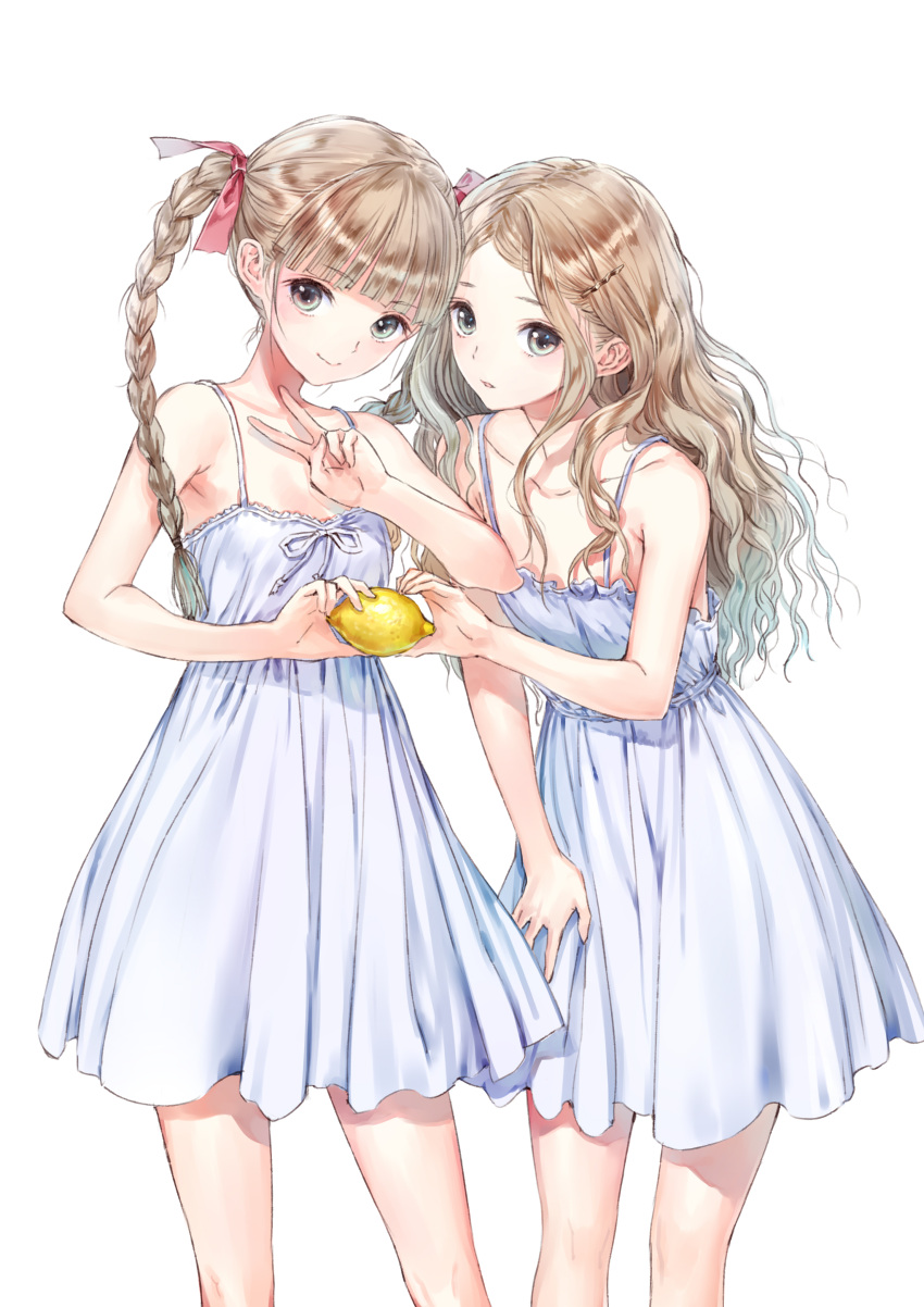 2girls absurdres armpit_crease bare_shoulders blonde_hair blue_reflection_(series) blue_reflection_maboroshi_ni_mau_shoujo_no_ken blunt_bangs braid collarbone dress food fruit green_eyes hair_ornament hair_ribbon hairpin hand_on_own_thigh highres holding holding_food holding_fruit kishida_mel lemon light_smile looking_at_viewer multiple_girls ribbon shijou_raimu shijou_yuzuki simple_background standing twin_braids v wavy_hair white_background white_dress