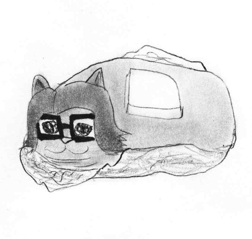 anthro black_hair burrito butter cat_nose crying_cat dairy_products domestic_cat efradraws efrasona eyewear felid feline felis feral food glasses graphite_(artwork) hair hi_res long_hair male mammal marker_(artwork) meme monochrome pen_(artwork) pencil_(artwork) sad solo tinfoil traditional_media_(artwork)