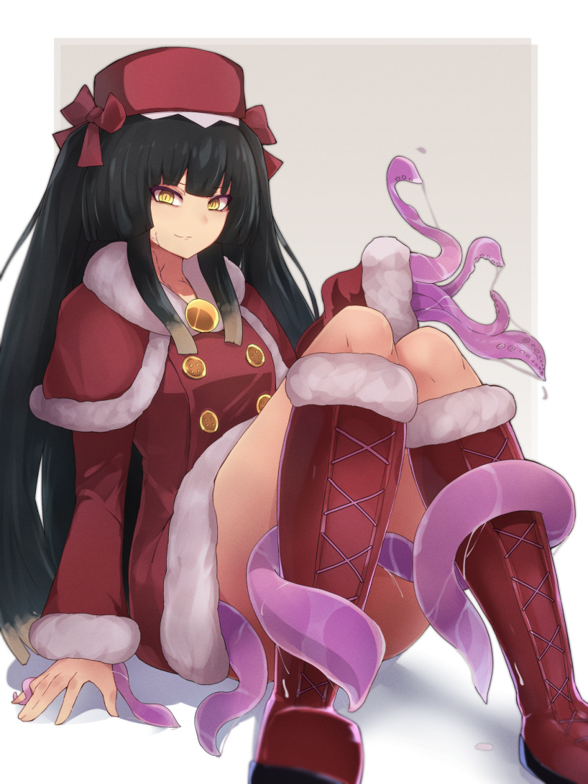 arm_support big_hair black_hair boots buttons capelet closed_mouth commentary_request commission dress female highres hiruko_(mon-musu_quest!) long_hair long_sleeves looking_at_viewer mon-musu_quest! mon-musu_quest:_paradox red_capelet red_dress red_footwear sitting skeb_commission solo tentacle yellow_eyes yonaga_san