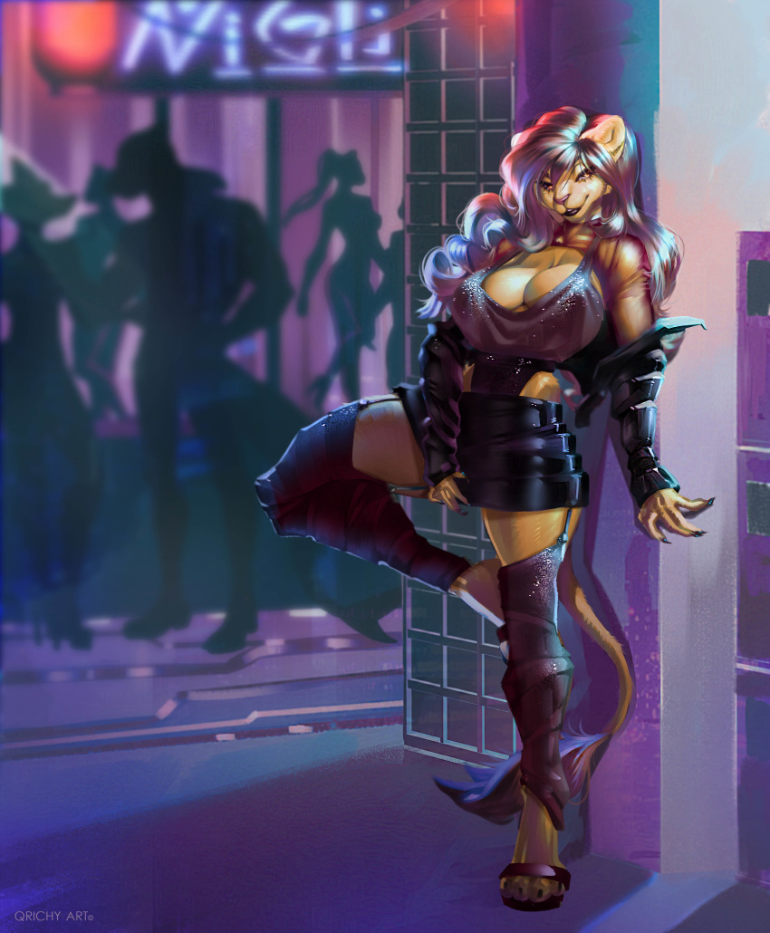 absurd_res anthro bedroom_eyes big_breasts bottomwear breasts claws cleavage clothed clothing felid female footwear group hair hi_res lauren_(hexxia) lion long_hair long_nails looking_at_viewer mammal narrowed_eyes nightclub outside pantherine qrichy sandals seductive skimpy skirt solo_focus