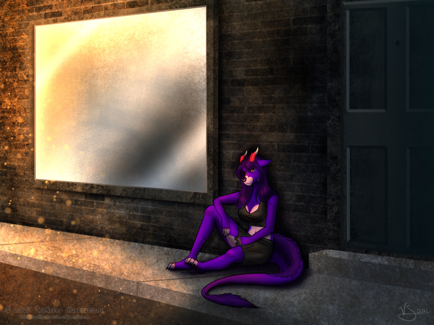 2021 4:3 anthro black_bottomwear black_clothing black_crop_top black_shirt black_skirt black_topwear bodily_fluids bottomwear canid canine canis clothing crop_top felid feline female fur hi_res horn iris_grim jaguarundi mammal purple_body purple_fur red_eyes shirt skirt solo tail_over_skirt tears topwear trickster_illustrations wolf