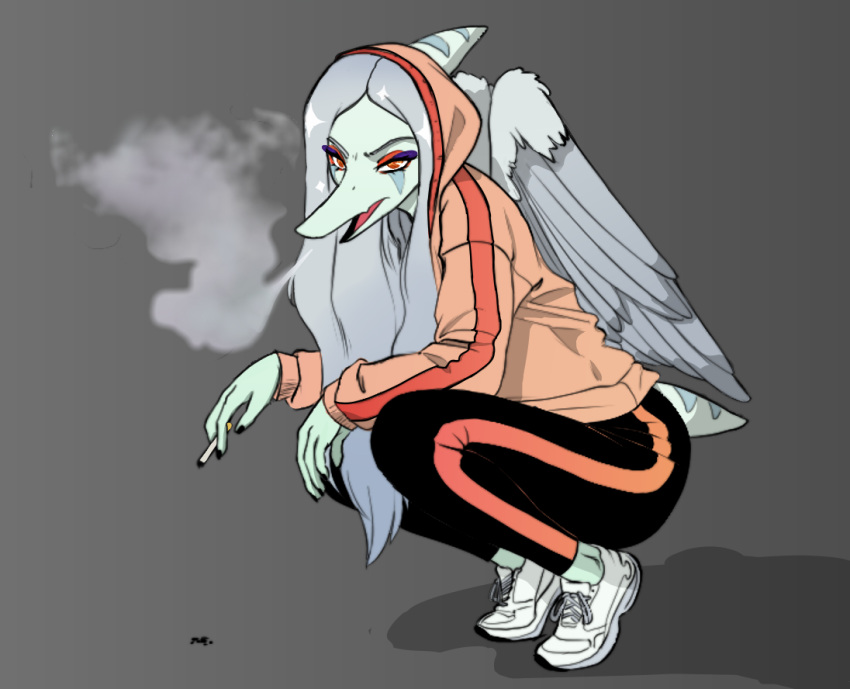 2023 amber_eyes anthro avoid_posting cavemanon_studios cigarette clothing crouching digital_drawing_(artwork) digital_media_(artwork) dinosaur extinct eyelashes eyeliner fang_(gvh) feathered_wings feathers female fingers footwear goodbye_volcano_high grey_body grey_hair grey_scales hair hoodie huwon leggings legwear long_hair looking_at_viewer makeup markings open_mouth plantigrade prehistoric_species pterodactylus pterosaur raised_heel reptile scales scalie shoes short_tail simple_background smoking sneakers snoot_game snout solo striped_markings striped_tail stripes tail tail_markings topwear tracksuit wings