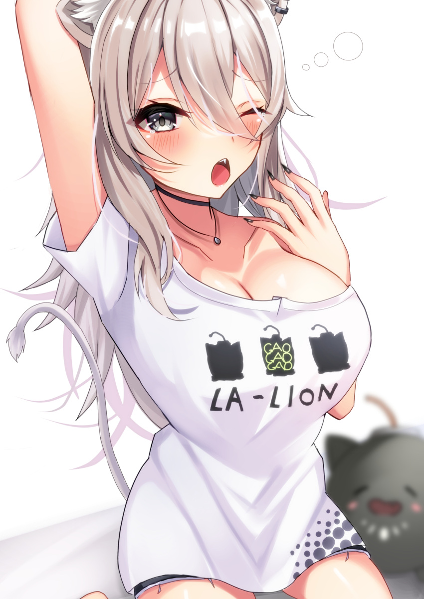 animal_ears arm_up bare_shoulders black_nails blurry blurry_background blush breasts choker cleavage collarbone ear_piercing female from_above grey_eyes grey_hair hair_between_eyes hand_to_own_mouth highres hololive jewelry large_breasts lion_ears lion_girl lion_tail long_bangs long_hair looking_at_viewer messy_hair necklace no_bra oerba_yun_fang official_alternate_costume official_alternate_hairstyle one_eye_closed open_mouth piercing print_shirt shirt shirt_slip shishiro_botan shishiro_botan_(casual) short_shorts short_sleeves shorts simple_background ssrb_(shishiro_botan) tail virtual_youtuber waking_up white_background yawning zacky