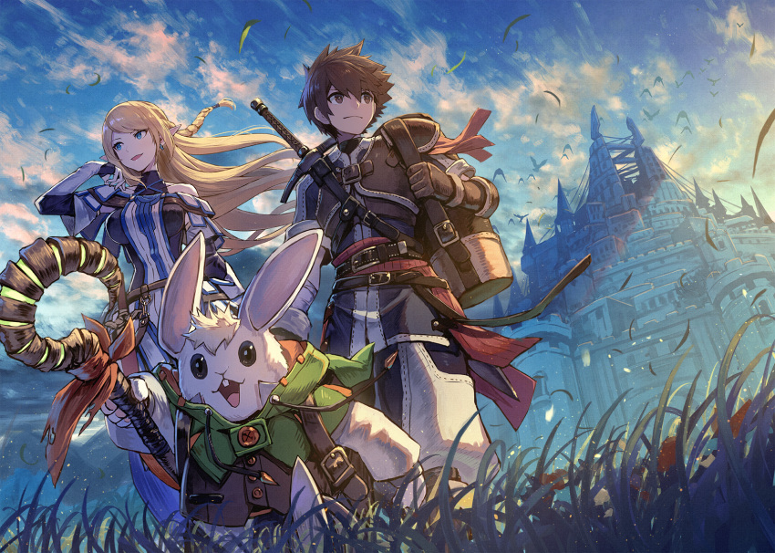 2boys animal_ears bird blonde_hair blue_eyes braid brown_eyes brown_hair elf fantasy female gloves grass highres kuroi_susumu long_hair multiple_boys official_art outdoors pointy_ears rabbit_boy rabbit_ears scenery sheath sheathed short_hair sky staff sword sword_world sword_world_2.5 weapon