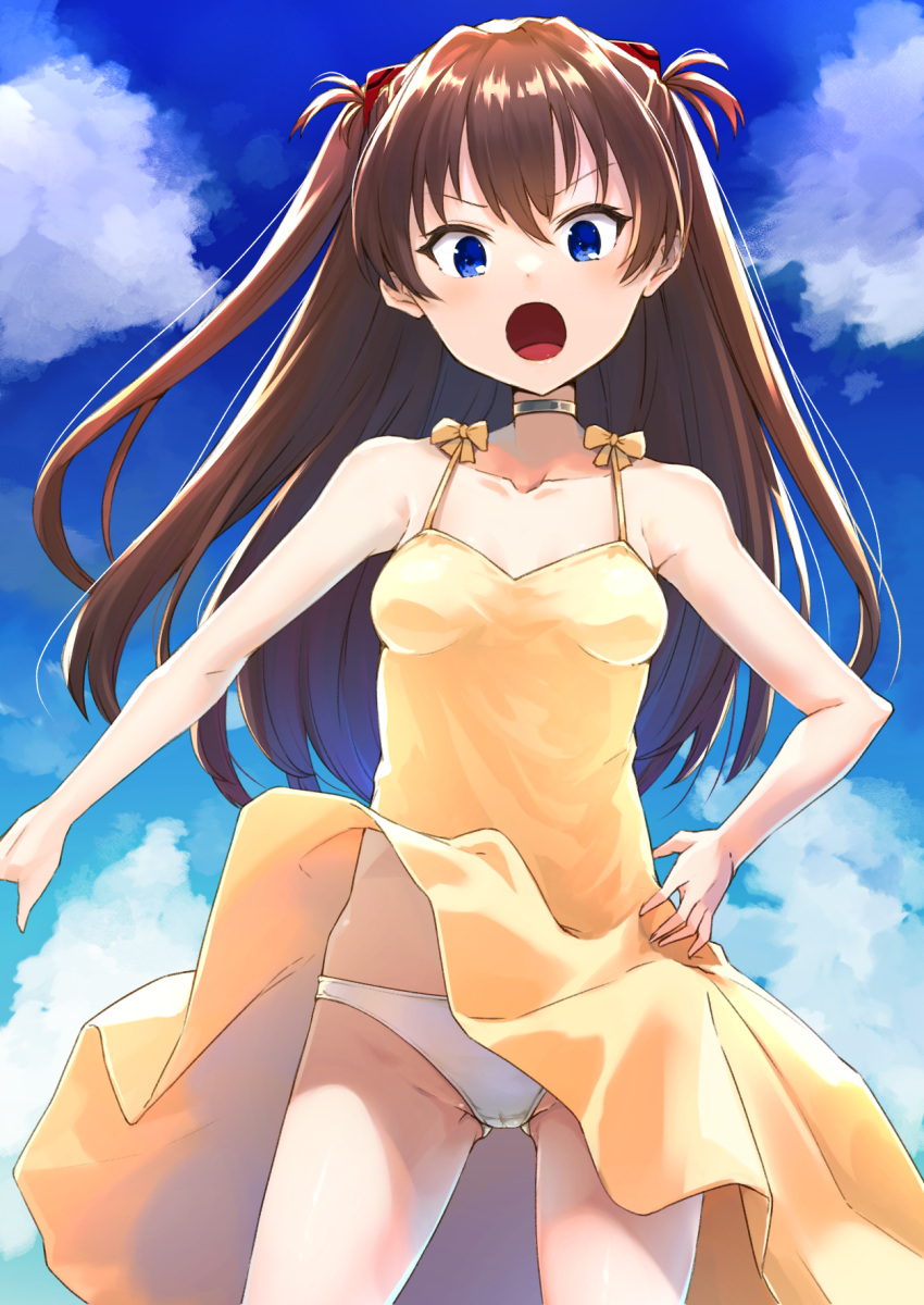 :o ass_visible_through_thighs bad_id bad_pixiv_id bare_arms bare_shoulders blue_eyes blue_sky breasts brown_hair cardigan clothes_lift cloud collarbone commentary_request day dress dress_lift female grey_cardigan groin hair_between_eyes hand_on_own_hip highres long_hair looking_at_viewer medium_breasts neon_genesis_evangelion open_mouth outdoors panties sky sleeveless sleeveless_dress solo souryuu_asuka_langley tamaki_fuyu two_side_up underwear v-shaped_eyebrows very_long_hair white_panties wind wind_lift yellow_dress