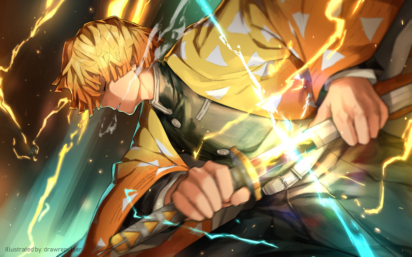 1boy agatsuma_zenitsu artist_name bad_id bad_pixiv_id blonde_hair closed_eyes demon_slayer_uniform drawrepulser electricity gradient_jacket haori highres holding holding_sheath holding_sword holding_weapon jacket japanese_clothes katana kimetsu_no_yaiba male_focus parted_lips print_jacket sheath solo sword triangle_print unsheathing weapon