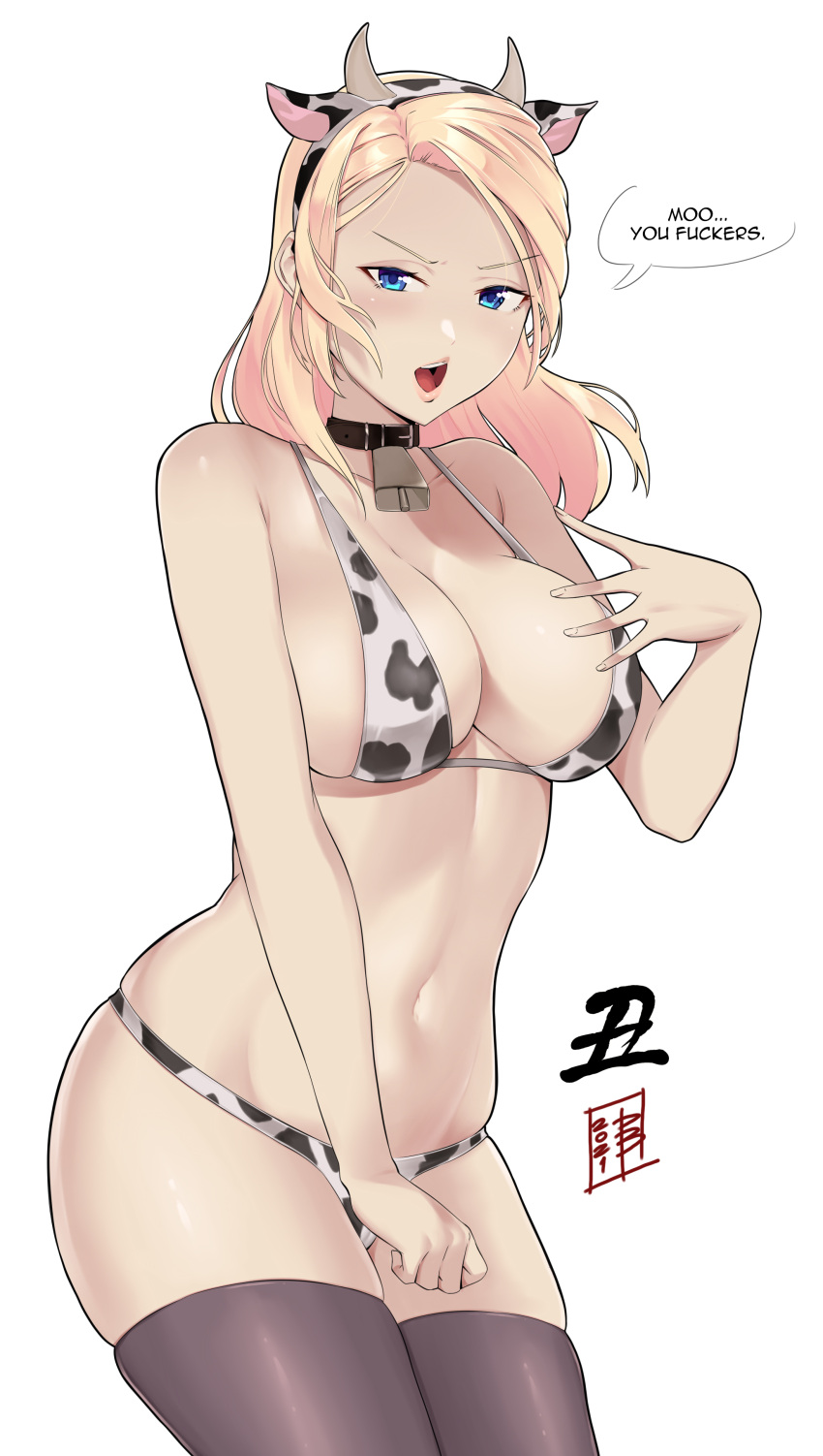 2021 absurdres animal_ears animal_print bell bikini black_collar black_thighhighs blonde_hair blue_eyes breasts chinese_zodiac collar cow_ears cow_horns cow_print cow_print_bikini cowbell damobelmont fake_animal_ears fake_horns female highres horns large_breasts looking_at_viewer micro_bikini navel neck_bell open_mouth photoshop_(medium) print_bikini profanity real_life simple_background skindentation solo speech_bubble stomach swimsuit sydsnap teeth thighhighs upper_teeth_only white_background year_of_the_ox