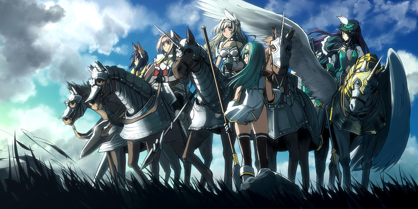 5girls animal_ears armor barding blonde_hair blue_eyes blue_hair brown_hair carrie_(sennen_sensou_aigis) commentary_request elaine_(sennen_sensou_aigis) green_hair horse horseback_riding liddy_(sennen_sensou_aigis) long_hair misha_(sennen_sensou_aigis) multiple_girls pegasus pegasus_knight_uniform_(fire_emblem) photoshop_(medium) riding sasayuki sennen_sensou_aigis short_hair tethys_(sennen_sensou_aigis)