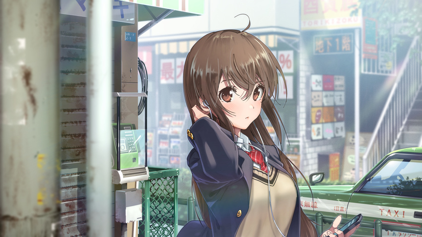 blush brown_eyes brown_hair building car domo long_hair original phone seifuku stairs tie