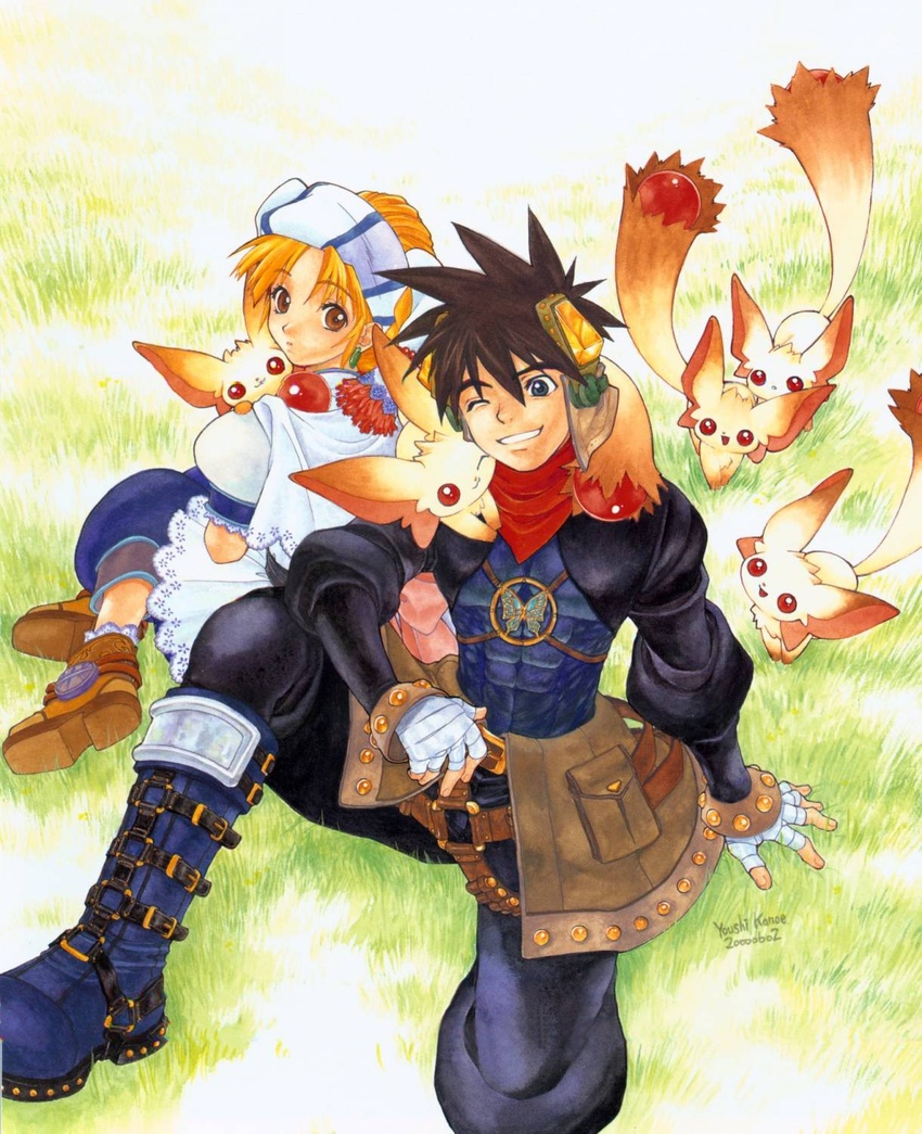 1boy bandages black_eyes black_hair blonde_hair blue_footwear boots brown_eyes carro dated earrings elena_(grandia) female grandia grandia_ii grass highres jewelry kanoe_youshi knee_boots official_art one_eye_closed ryudo_(grandia) scan