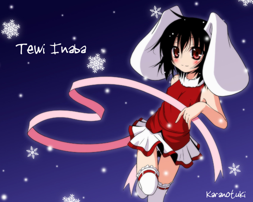 animal_ears bad_id bad_pixiv_id black_hair blue_background blush commentary_request dress female inaba_tewi minazuki_maya photoshop_(medium) pink_ribbon red_dress red_eyes ribbon short_hair skirt snowflakes solo thighhighs touhou