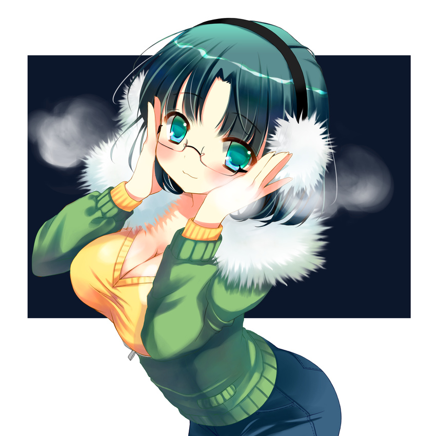 :3 absurdres adjusting_eyewear blue_skirt breasts cleavage commentary_request earmuffs female glasses green_eyes green_hair green_jacket hands_up highres jacket large_breasts long_sleeves looking_at_viewer nojima_noko open_clothes open_jacket original pencil_skirt skirt solo tareme upper_body