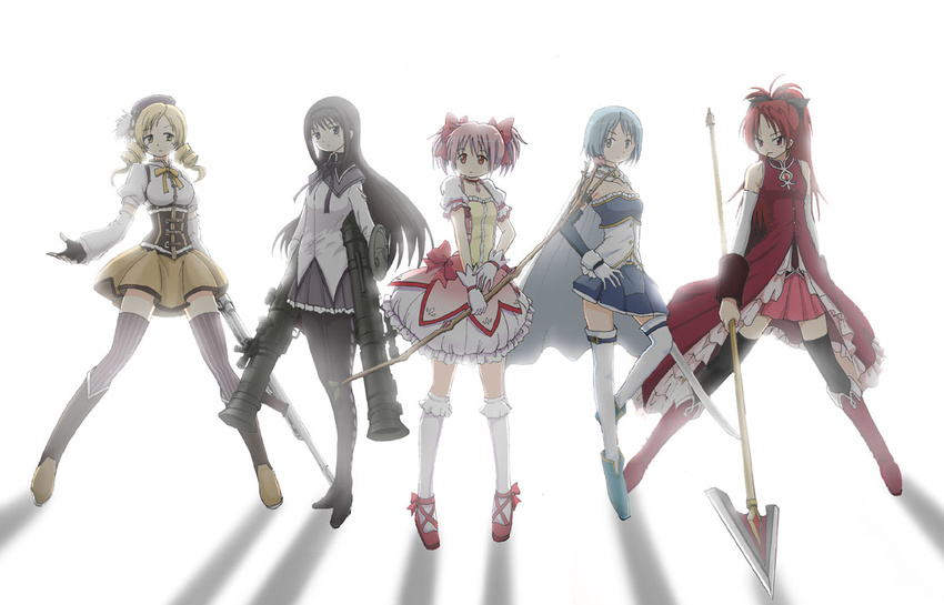 5girls akemi_homura akemi_homura_(magical_girl) akiran_(r32) ankle_boots argyle_clothes argyle_legwear bare_shoulders beret black_pantyhose black_thighhighs blonde_hair blue_hair boots bow bow_(weapon) breasts bubble_skirt cape commentary_request corset detached_sleeves drill_hair dual_wielding fingerless_gloves flat_chest food gloves group_picture gun hairband hairbow hand_on_own_hip hat holding kaname_madoka kaname_madoka_(magical_girl) knee_boots kneehighs long_hair magical_girl magical_musket mahou_shoujo_madoka_magica mahou_shoujo_madoka_magica_(anime) miki_sayaka miki_sayaka_(magical_girl) mouth_hold multiple_girls pantyhose pink_hair pocky polearm ponytail purple_eyes red_eyes red_hair rocket_launcher sakura_kyoko sakura_kyoko_(magical_girl) shield short_hair short_twintails skirt socks spear striped_clothes striped_thighhighs sword thighhighs tomoe_mami tomoe_mami_(magical_girl) twin_drills twintails vertical-striped_clothes vertical-striped_thighhighs weapon white_background white_legwear yellow_eyes zettai_ryouiki