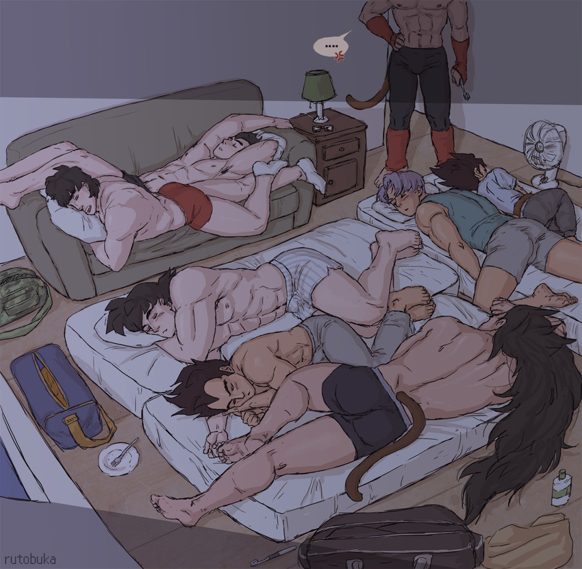 6+boys alien bag bardock black_hair character_request couch dragon_ball dragon_ball_z fan highres long_hair male male_focus multiple_boys muscle plate purple_hair raditz rutobuka sleeping son_gohan son_gokuu son_goten tail tarble toothbrush topless trunks_(dragon_ball) trunks_briefs underwear vegeta