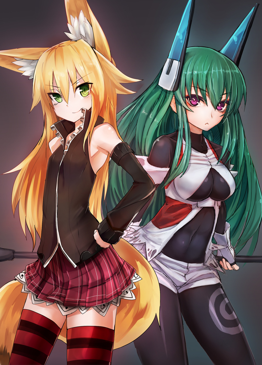 2girls :< animal_ears bare_shoulders black_legwear blonde_hair blush bodysuit breasts cleavage_cutout clothed_navel dress fingerless_gloves fox_ears fox_tail gloves green_eyes green_hair grey_background hand_on_hip headgear highres kokonoe_tsubaki large_breasts long_hair menou_kaname multiple_girls navel original pantyhose purple_eyes short_shorts shorts simple_background skirt smile smirk standing striped striped_legwear tail taishi_(artist) thighhighs zettai_ryouiki