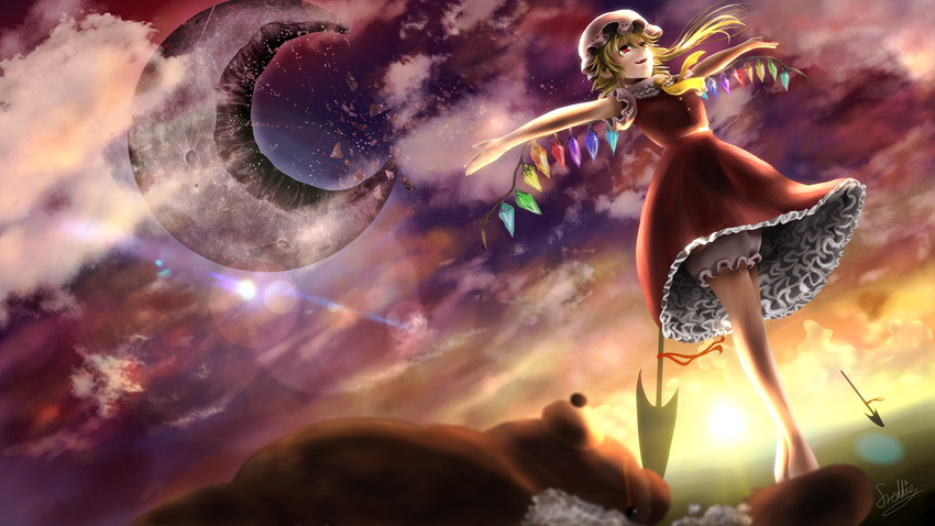 ascot blonde_hair blush commentary_request female flandre_scarlet freddie hat highres moon polearm red_eyes side_ponytail sky solo spear touhou weapon wings