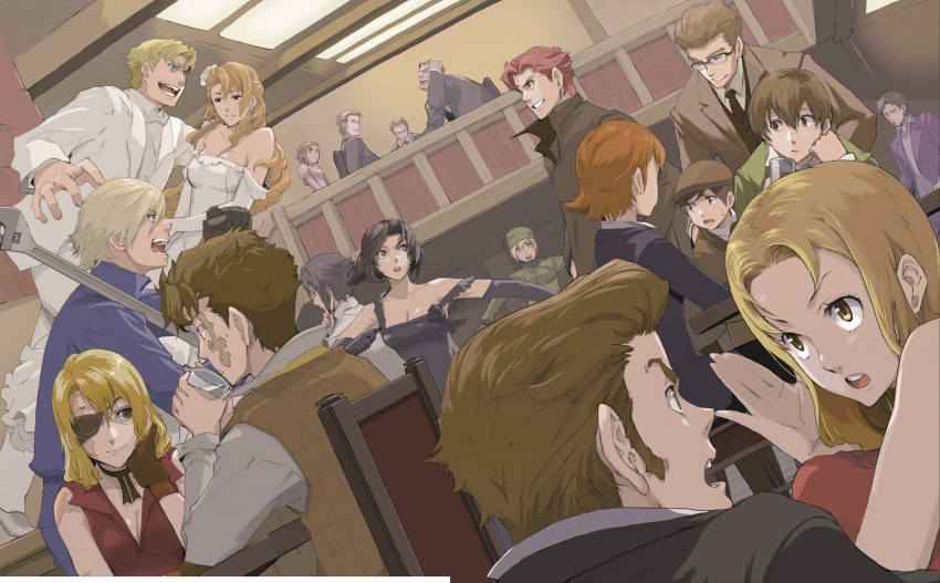 baccano! berga_gandor blonde_hair blue_eyes brown_eyes brown_hair chane_laforet claire_stanfield closed_eyes czeslaw_meyer dallas_genoard dress enami_katsumi ennis eve_genoard everyone eyepatch firo_prochainezo formal gloves graham_spector hat huey_laforet isaac_dian jacuzzi_splot keith_gandor ladd_russo lolicon long_hair lua_klein luck_gandor maiza_avaro megane miria_harvent necktie nice_holystone official_art orange_hair rachel red_hair scar short_hair smile suit sweatdrop tattoo wrench yellow_eyes