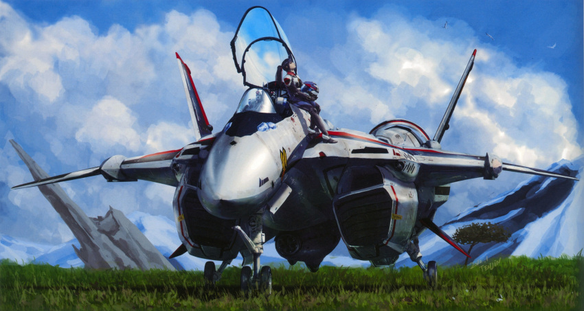 1boy absurdres aircraft airplane armor black_hair cloud ex-gear fighter_jet gloves grass helmet highres jet macross macross_frontier military military_vehicle mountain non-web_source official_art outdoors pilot_suit ponytail power_armor power_suit rock s.m.s. saotome_alto scan science_fiction spacesuit tenjin_hidetaka tree variable_fighter vehicle_focus vf-25