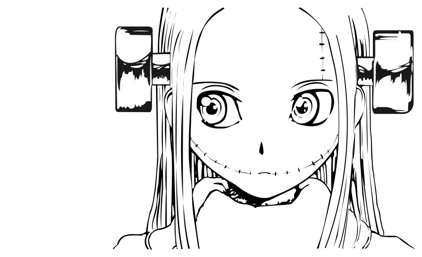 absurdres bolt bolts coat electrodes franken_fran frankenfran_(manga) glasgow_smile highres incredibly_absurdres long_hair looking_afar looking_away madaraki_fran monochrome scar solo stitches transparent transparent_background transparent_png turtleneck vector vector_trace