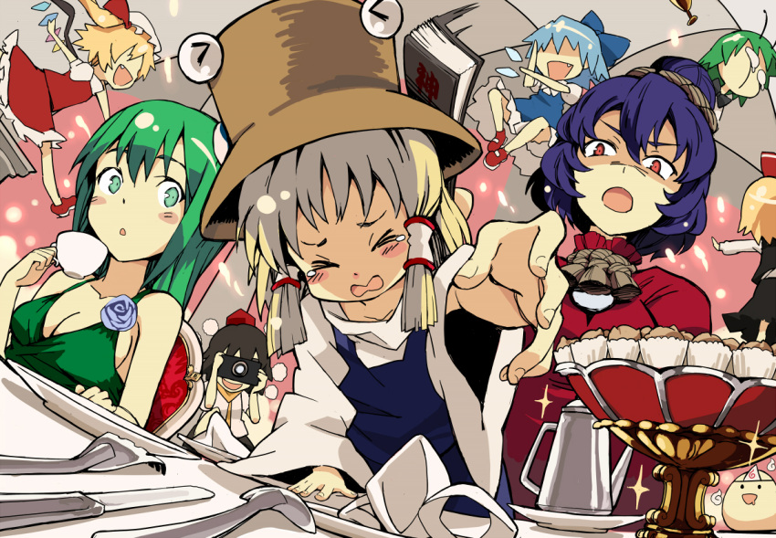 >_< 6+girls bad_id bad_pixiv_id black_hair blonde_hair blue_hair book breasts camera cirno cleavage closed_eyes cup flandre_scarlet food fork green_eyes green_hair hat kawahara_fantasia kochiya_sanae medium_breasts moriya_suwako multiple_girls purple_hair pyonta red_eyes rumia saigyouji_yuyuko shameimaru_aya spoon tears touhou wriggle_nightbug yasaka_kanako