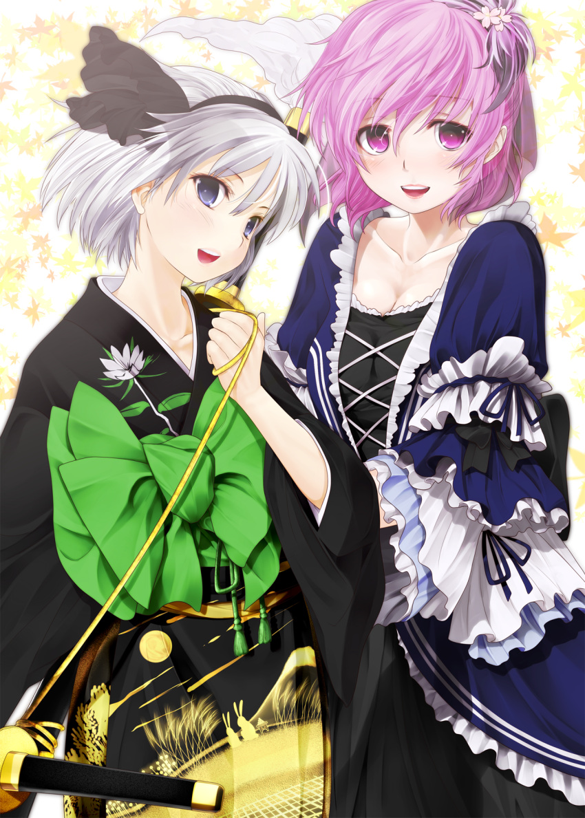 2girls alternate_costume bad_id bad_pixiv_id blue_eyes chikado collarbone dress frills hair_ornament hair_ribbon hairband highres japanese_clothes katana kimono konpaku_youmu mizusaki_(tengoku) multiple_girls no_headwear open_mouth pink_eyes pink_hair ribbon saigyouji_yuyuko short_hair smile sword touhou weapon white_hair