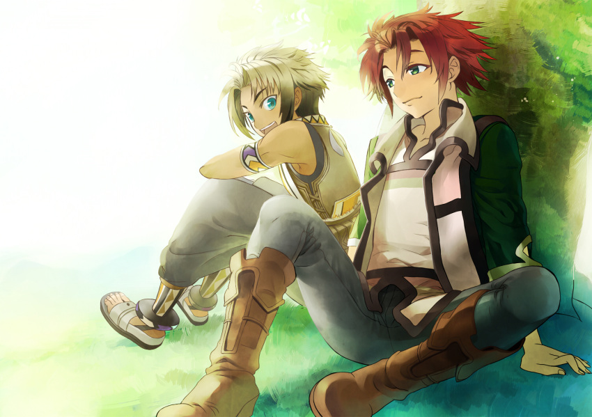 2boys armlet blonde_hair blue_eyes boots bun-o caesar_silverberg coat commentary_request full_body gensou_suikoden gensou_suikoden_iii green_eyes hugo_(suikoden_iii) multiple_boys pants red_hair sitting smile