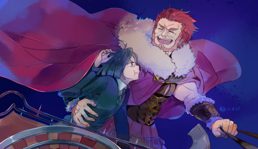 2boys :t bad_id bad_pixiv_id beard bob_cut cape chariot facial_hair fate/zero fate_(series) iskandar_(fate) male_focus multiple_boys photoshop_(medium) pout red_hair signature tears waver_velvet yuxikili