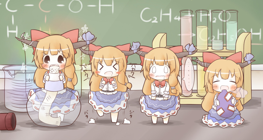 >_< ... 4girls bad_id bad_pixiv_id barefoot beaker belt blind blush bottle bow breath brown_hair chalkboard chibi clone closed_eyes commentary drooling gourd hairbow highres horn_ornament horn_ribbon horns ibuki_suika long_hair mini_person minigirl multiple_girls o_o open_mouth orange_hair ribbon saliva science scribble sitting skirt smile south114 stomping test_tube test_tube_rack touhou vial wavy_mouth wrist_cuffs