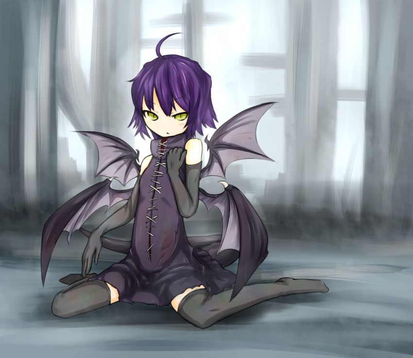 ahoge bad_id bad_pixiv_id dark_souls_(series) dark_souls_i female flat_chest gaping_dragon green_eyes highres personification purple_hair ryota_tentei sitting solo tail thighhighs wariza wings