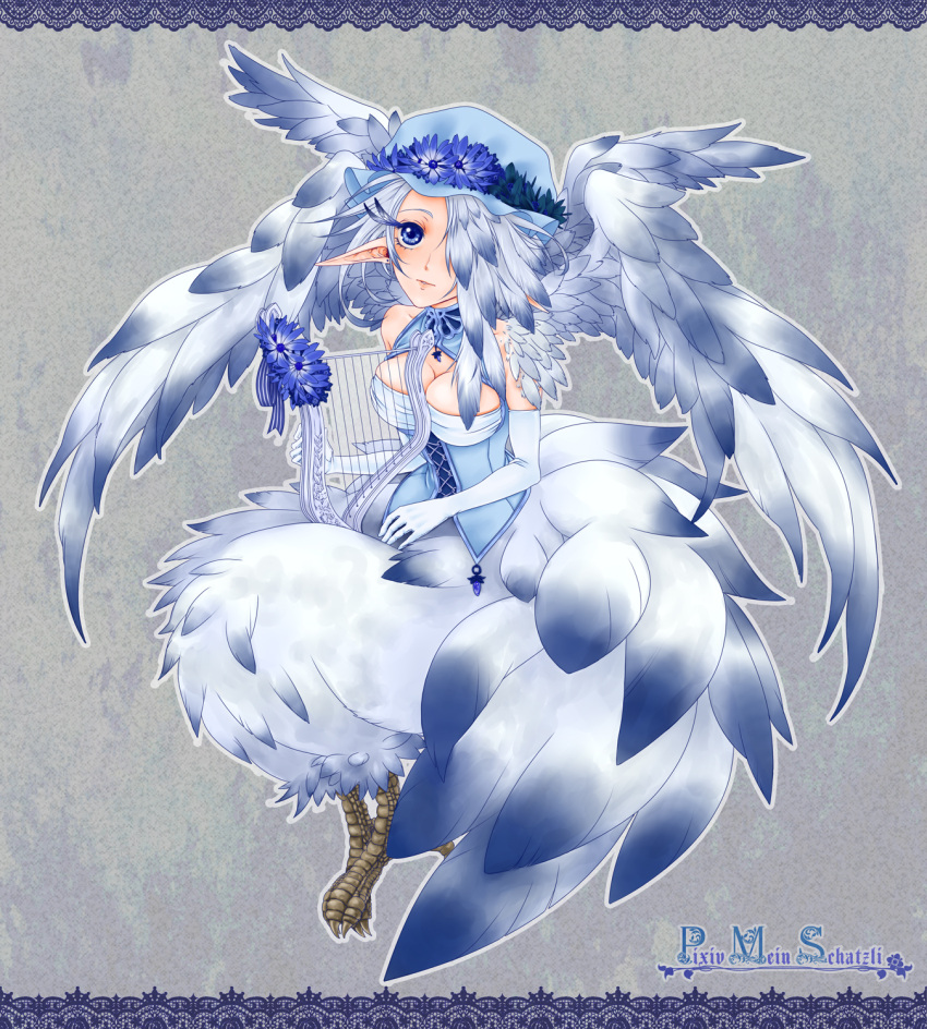 blue_eyes blue_hair breasts cleavage corset earring earrings feathers flower harpy hat highres jewelry lyre monster_girl pointy_ears talons wings