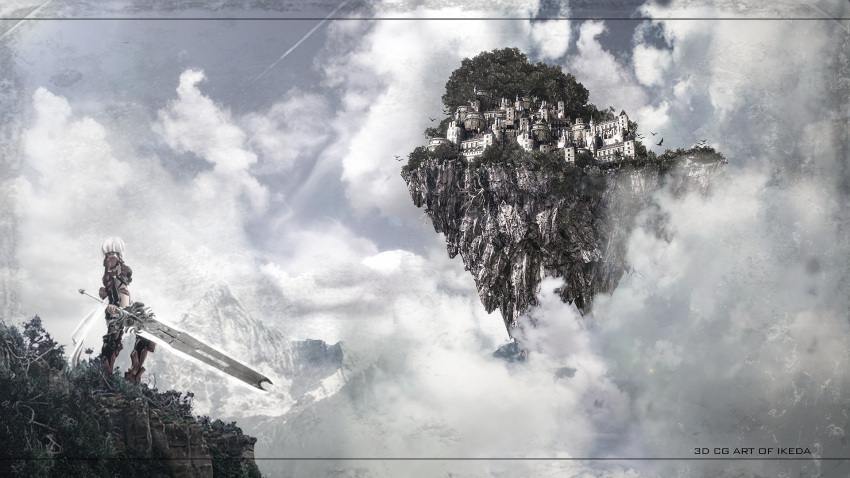 3d armor castle cloud commentary_request female floating_city floating_island highres ikeda_(hayato) nature original scenery sky solo sword weapon