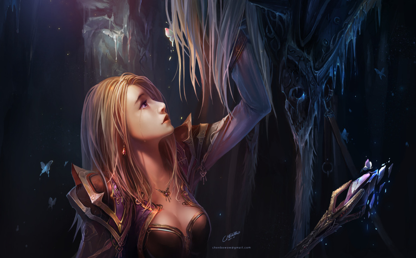 1boy armor arthas_menethil bad_link blonde_hair breasts bug butterfly chenbo cleavage crying female highres human_(warcraft) jaina_proudmoore jewelry long_hair mage_(warcraft) medium_breasts necklace pauldrons profile shoulder_armor staff tears warcraft weapon world_of_warcraft