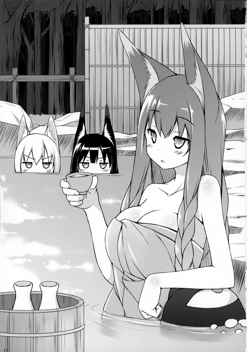 3girls absurdres alcohol animal_ear_fluff animal_ears arm_support bare_shoulders blush body_blush braid breast_envy breasts bubble bucket choko_(cup) cup fox_ears greyscale halftone highres jitome kuroino_(poco) kuromitsu_nene large_breasts long_hair moire momoyama_tsutsune monochrome multiple_girls naked_towel onsen original poco_(asahi_age) sake same-sex_bathing scan screentones shared_bathing shiratama_kitsune staring tokkuri towel twin_braids water wooden_bucket